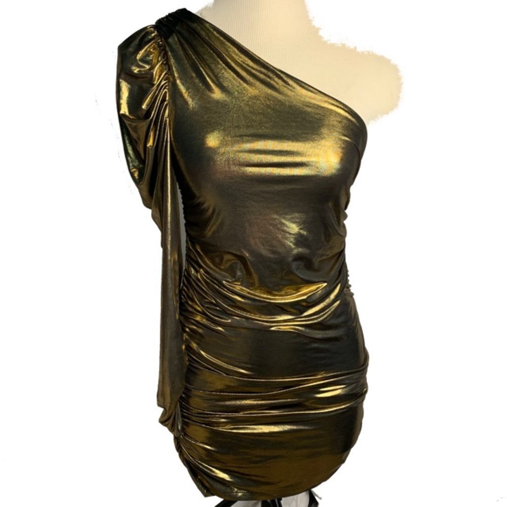EUC MEDIUM Gold mini dress with puffer sleeve
